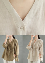 Beige Wrinkled Patchwork Linen Blouses V Neck Spring