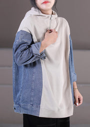 Beige Zippered Patchwork Denim Hooded Top Long Sleeve