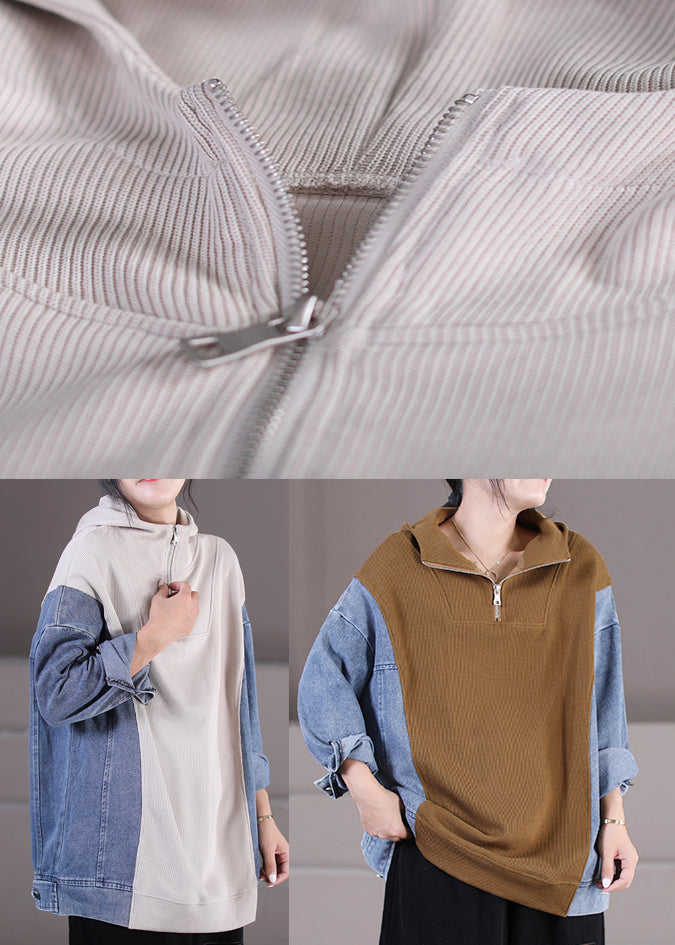 Beige Zippered Patchwork Denim Hooded Top Long Sleeve