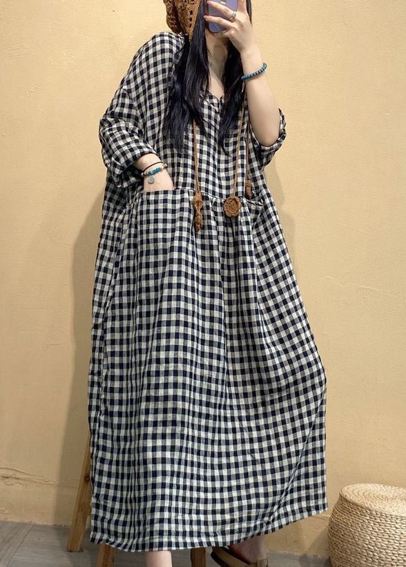 Big Plaid Pockets Linen Dress V Neck Long Sleeve