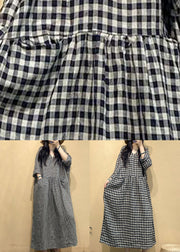 Big Plaid Pockets Linen Dress V Neck Long Sleeve