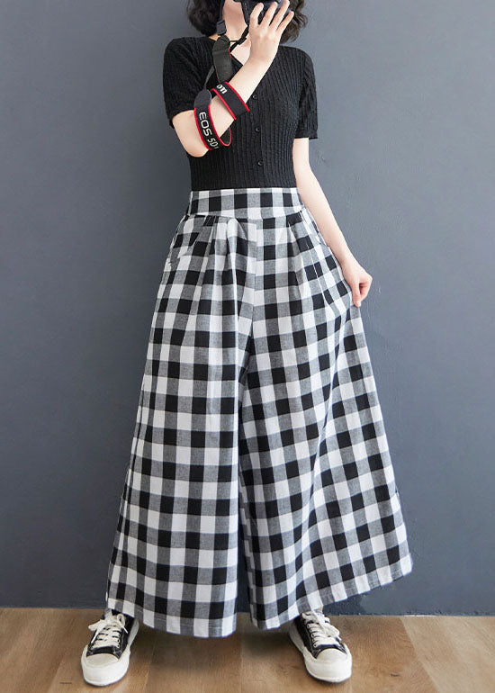 Big Plaid Pockets Patchwork Cotton Straight Pants Wrinkled Summer