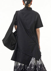 Black Asymmetrical Button Solid Cotton Maxi Shirts Short Sleeve