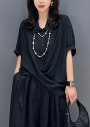 Black Asymmetrical Button Solid Shirts Short Sleeve