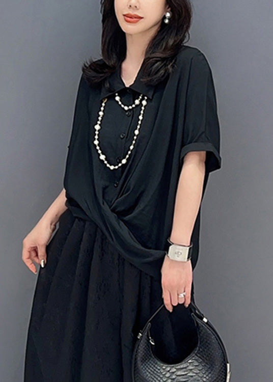 Black Asymmetrical Button Solid Shirts Short Sleeve