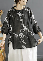 Black Asymmetrical Linen Blouses O Neck Bracelet Sleeve