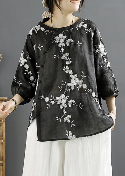 Black Asymmetrical Linen Blouses O Neck Bracelet Sleeve