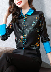 Black Blue Colour Patchwork Peter Pan Collar Button Silk Shirts Long Sleeve