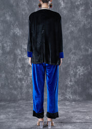 Black Blue Patchwork Silk Velour Two Pieces Set Oversized Chinese Button Spring