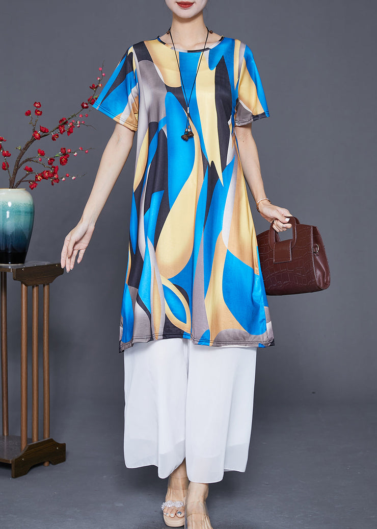 Black Blue Print Ice Silk Holiday Dress Oversized Draping Summer