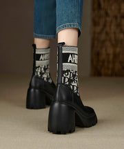 Black Boots Chunky Heel Cowhide Leather Splicing Elastic Fabric