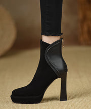 Black Boots High Heel Suede Comfy Classy Splicing Zippered