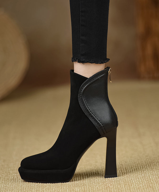 Black Boots High Heel Suede Comfy Classy Splicing Zippered