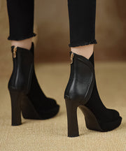 Black Boots High Heel Suede Comfy Classy Splicing Zippered