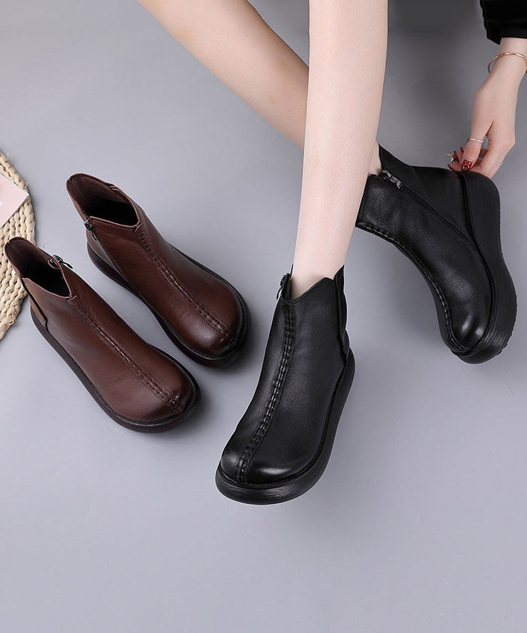 Black Boots Platform Cowhide Leather Simple Boots