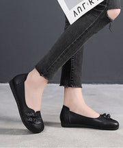 Black Bow Flat Shoes For Women Handmade Cowhide Leather Flat Shoes