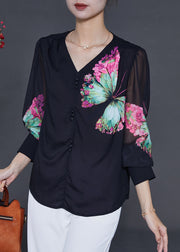 Black Butterfly Chiffon Shirt Top V Neck Summer