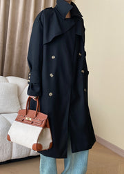 Black Button Cotton Long Trench Coat Peter Pan Collar Fall