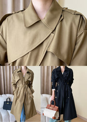 Black Button Cotton Long Trench Coat Peter Pan Collar Fall