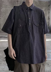 Black Button Cotton Men Shirts Peter Pan Collar Short Sleeve