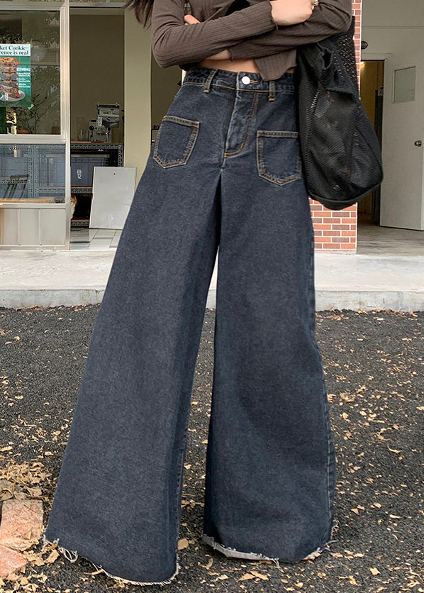 Black Button Denim Wide Leg Pants High Waist