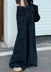 Black Button Denim Wide Leg Pants High Waist