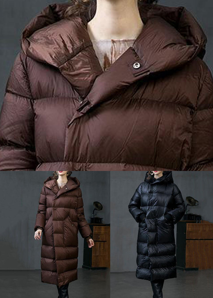 Black Button Duck Down Long Down Coats Hooded Long Sleeve