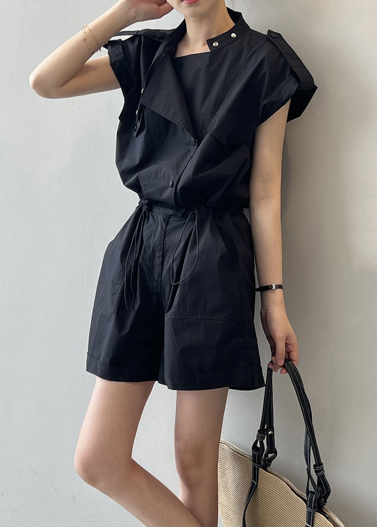 Black Button Linen Jumpsuits High Waist Short Sleeve