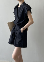 Black Button Linen Jumpsuits High Waist Short Sleeve