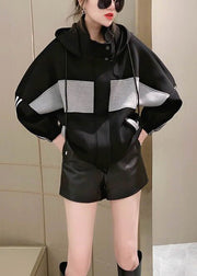 Black Button Patchwork Cotton Coats Zip Up Long Sleeve