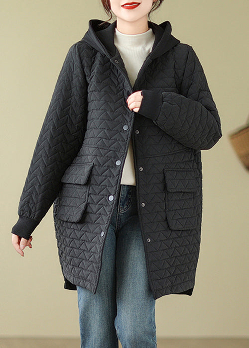 Black Button Patchwork Cotton Filled Parka Hooded Fall