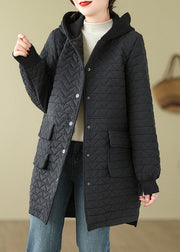 Black Button Patchwork Cotton Filled Parka Hooded Fall