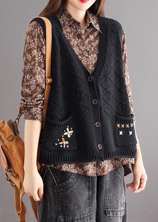 Black Button Patchwork Cozy Cotton Knit Waistcoat V Neck Fall