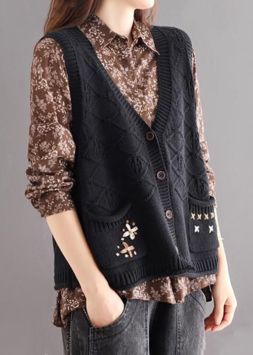 Black Button Patchwork Cozy Cotton Knit Waistcoat V Neck Fall