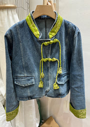 Black Button Patchwork Denim Coats Stand Collar Long Sleeve