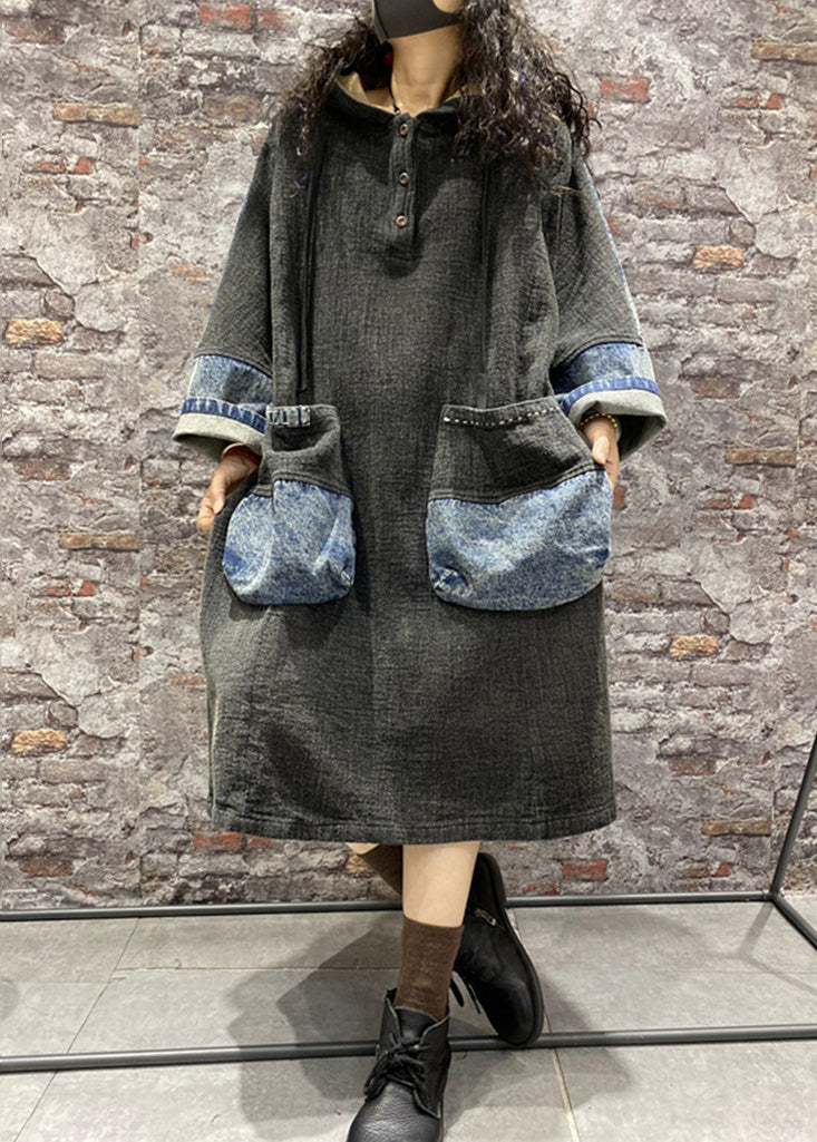 Black Button Patchwork Denim Dress Lace Up Long Sleeve