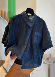 Black Button Pockets Cotton Shirt Asymmetrical Short Sleeve