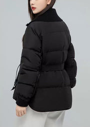 Black Button Pockets Patchwork Duck Down Down Coat Zip Up Long Sleeve