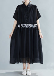 Black Button Pockets Silk Dress Peter Pan Collar Short Sleeve