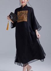 Black Button Pockets Silk Dress Stand Collar Long Sleeve