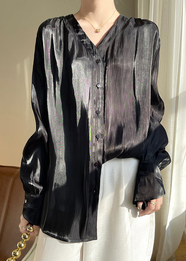 Black Button Silk Blouses V Neck Long Sleeve