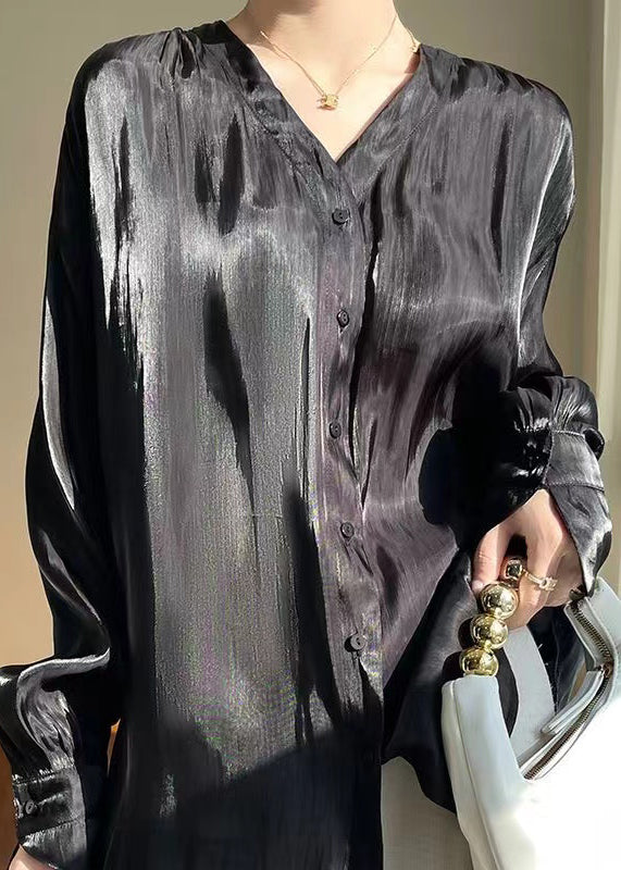 Black Button Silk Blouses V Neck Long Sleeve