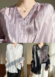 Black Button Silk Blouses V Neck Long Sleeve