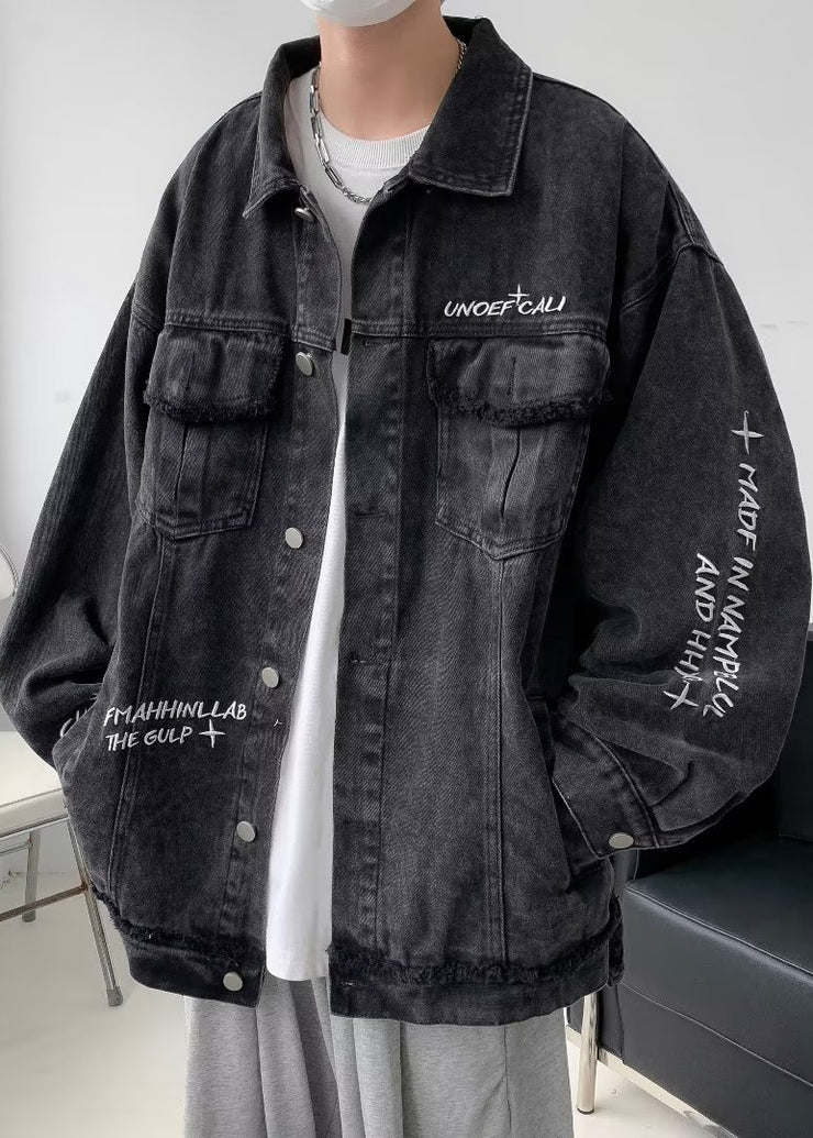 Black Button Solid Denim Fall Men Coat Embroideried