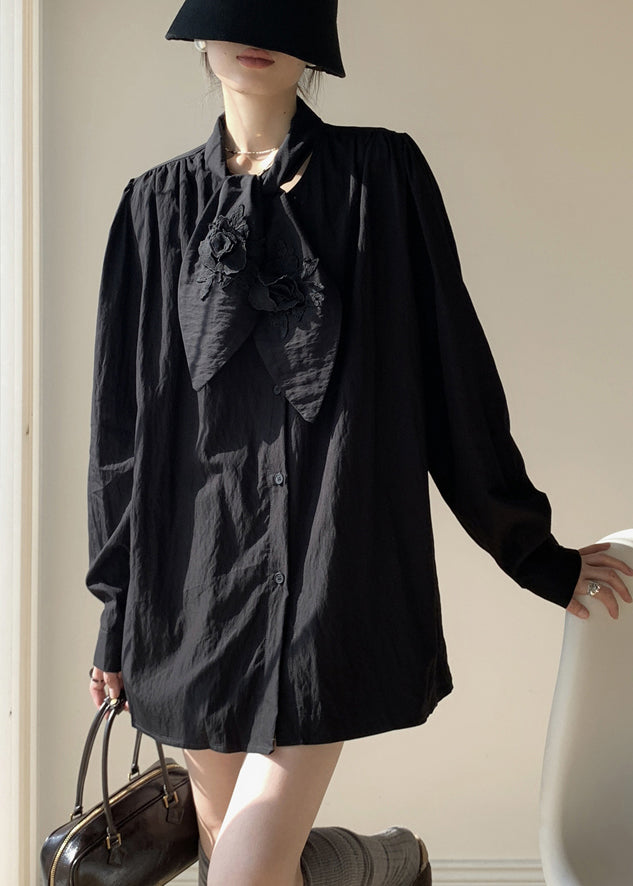 Black Button Solid Loose Cotton Fall Shirt Bow