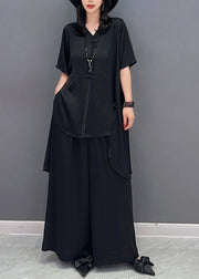 Black Button Solid Shirts And Wide Leg Pants Two Piece Set Half Sleeve