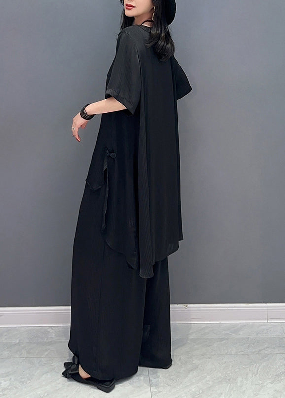 Black Button Solid Shirts And Wide Leg Pants Two Piece Set Half Sleeve