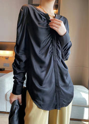 Black Button Wrinkled Patchwork Silk Shirts O Neck Long Sleeve