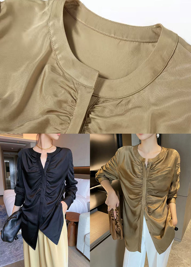 Black Button Wrinkled Patchwork Silk Shirts O Neck Long Sleeve