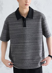 Black ButtonCotton Mens Polo Shirts Peter Pan Collar Summer